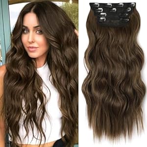 ALXNAN Clip in Long Wavy Synthetic Hair Extension 24 Inch Black 4PCS Thick Hairpieces Fiber Double Weft Hair for Women ALXNAN