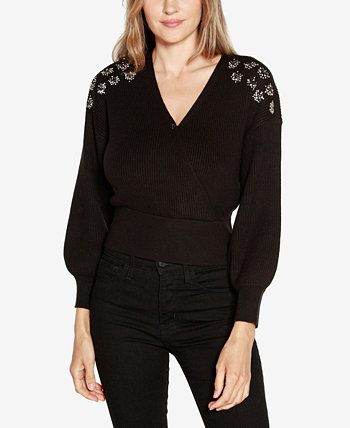 Женский свитер с заниженными плечами и запахом Black Label, декорированный Belldini