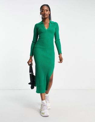 Эксклюзивное зеленое трикотажное платье миди с воротником в рубчик In The Style x Billie Faiers In The Style