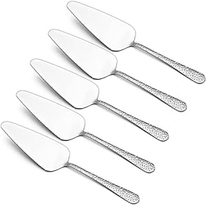 5-Piece Pie Server, E-far Hammered Stainless Steel Cake Server Spatula Cutter for Pastry Cheese Pizza, Serrated Edge with Round Handle, Mirror Polished & Dishwasher Safe-9 Inch E-far