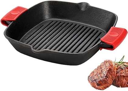 ZOOFOX Cast Iron Grill Pan, 10" Square Skillet with Easy Grease Drain Spout and Two Heat Insulated Silicone Handle Cover, Pre Seasoned Grill Pan for Grilling Bacon, Steak, Meats, Camping Zoofox