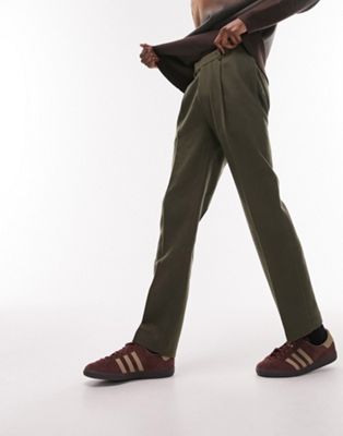 Прямые брюки из смесовой шерсти Topman цвета хаки TOPMAN