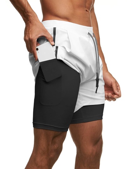 для мужчины Спортивные шорты контрастный на кулиске 2 в 1 с карманом для телефона SHEIN