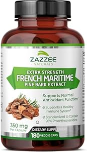 Zazzee Extra Strength French Maritime Pine Bark 20:1 Extract, 350 mg Per Capsule, 180 Vegan Capsules (Веганские капсулы), 95% Proanthocyanidins, Kosher, 6 Month Supply, Standardized 20X Extract, Non-GMO, Made in The USA Zazzee