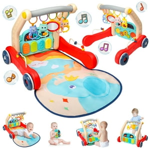 Flooyes 2 in 1 Baby Walker & Play Gym Mat for Boys Girls, Sit to Stand Learning Walker with Musical Piano & Rattles Tummy Time Mat, Babies Floor Activity Push Walker Toys for Infant to Toddler Flooyes