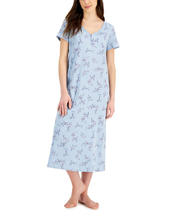 Женская ночная рубашка миди из хлопка с короткими рукавами и принтом Essentials, созданная для Macy's Charter Club