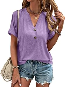 EADINVE Womens Tshirts V Neck Short Sleeve Buttons Tops Tee Solid Color Blouse Loose Fit Eadinve