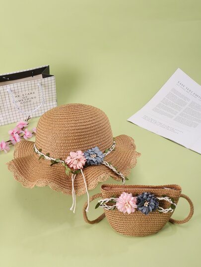 для девочек с цветком Соломенная сумка с Соломенная шляпа SHEIN