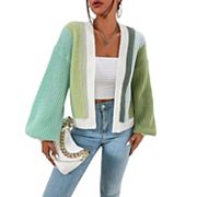 Women's Patchwork Print Drop Shoulder Open Front Cardigan Casual Long Sleeve Sweater Kojooin