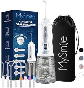 MySmile Powerful Cordless 350ML Water Dental Flosser Portable OLED Display Oral Irrigator with 5 Pressure Modes 8 Replaceable Jet Tips and Storage Bag for Home Travel Use (Black) MySmile