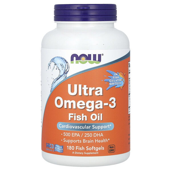 Рыбий жир Ultra Omega-3, 180 рыбных мягких таблеток NOW Foods
