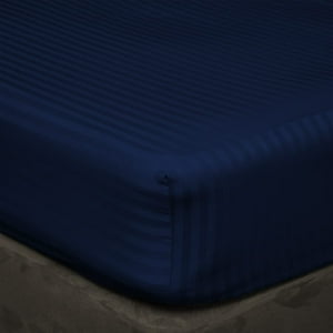 600 Thread Count 3 Piece Set , 100% Egyptian Cotton 15" Deep Pocket Fitted Bed Sheets , Fade Resistant Soft & Sateen Weave and Luxury, Full XL Size -Navy Blue Stripe Bedding Begs