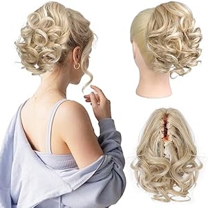 REECHO 9" Short Ponytail Extension, Classic Loose Curly Wavy Claw Clip Pony tails Hair Extensions HP001 Hairpieces for Women - Ash Brown with Platinum Highlights REECHO