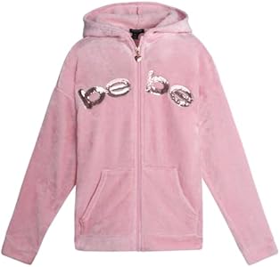 bebe Girls' Hoodie Sweatshirt - Cozy Lightweight Sherpa Fleece Graphic Hoodie for Girls with Cute Front Zipper (Sizes: 7-16) Bebe