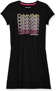 Calvin Klein Girls' Short Sleeve Cotton Logo Dress, Elastic Cinched Waist & Tagless Interior Calvin Klein