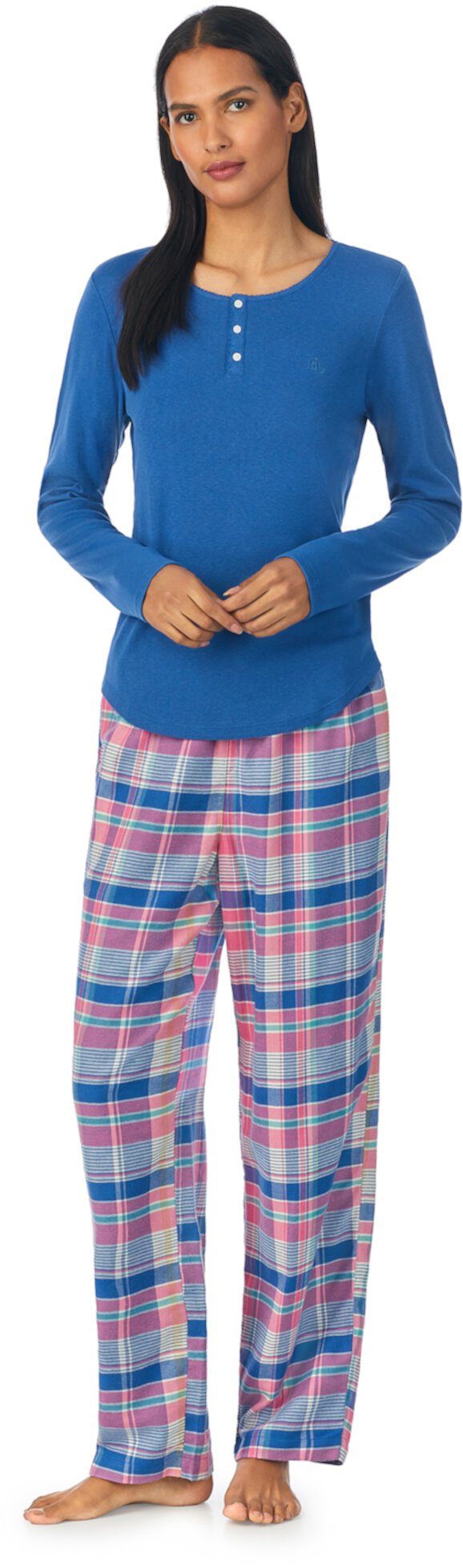 Пижамный комплект с вязаным топом на пуговицах с длинными рукавами и ткаными брюками LAUREN Ralph Lauren
