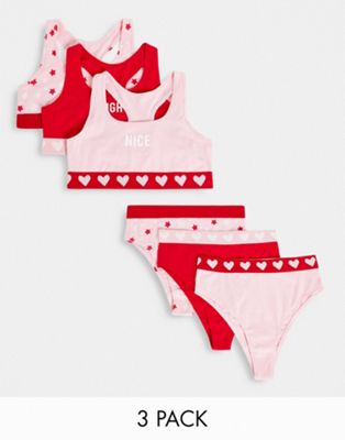 Threadbare christmas naughty and nice 3 pack lingerie sets in red and pink Threadbare