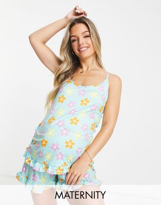 Комплект из майки и короткой пижамы с оборками для беременных Loungeable с цветочным принтом в стиле ретро Loungeable