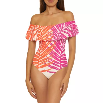 Sheer Tropics Off-The-Shoulder One-Piece Swimsuit Trina Turk