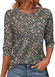 Womens 3/4 Sleeve Tops Crewneck Summer Solid Casual Tee Shirts Floral Printed Blouse Loose Dressy Tunic Syellowafter