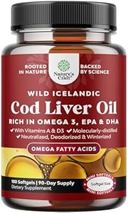 Icelandic Cod Liver Oil Softgels (Мягкие капсулы) - Wild Caught EPA DHA Omega 3 Fish Oil 1000mg per serving - Sustainably Sourced Burpless Fish Oil Supplement with Vitamin D3 & A for Heart Joint Brain & Immune Support Natures Craft