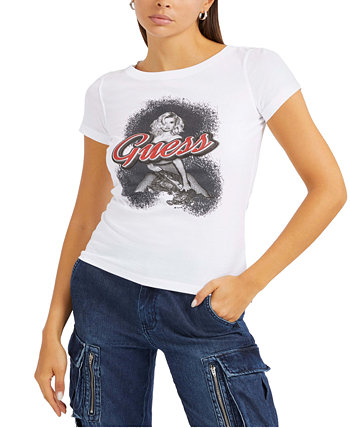 Женская хлопковая футболка с короткими рукавами и логотипом GUESS