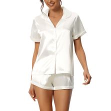 Women Satin Pajama Set Button Short Sleeve Shirt and Shorts Loungwear Sleepwear Cheibear