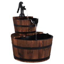 2 Tiers Outdoor Wooden Barrel Waterfall Fountain with Pump Slickblue