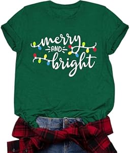 Womens Christmas Shirts Merry and Bright Shirt Funny Xmas Holiday Shirt Tops Aluvee