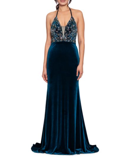 ​Beaded Velvet Fit and Flare Gown Betsy & Adam
