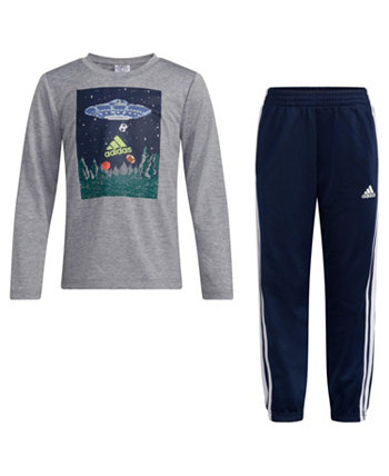 Меланжевая футболка и джоггеры Little Boys из полиэстера, комплект из 2 предметов Adidas