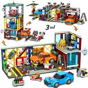 HOGOKIDS City Car Garage Building Set, 1022 PCS 3 in 1 Auto Repair Shop, Gas Station, Car Wash Building Block with 2 Custom Cars Pretend Play Mechanic Toy Birthday Gift for 10+ Kids Boys Teens Girls HogoKids