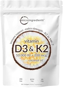 Vitamin D3 10000 iu Plus K2 (MK-7) 200 mcg, 300 Virgin Coconut Oil Softgels| 2 in 1 Vitamins D & K Complex | Supports Calcium Absorption, Bone, Immune, & Heart Health – Easy to Swallow Micro Ingredients