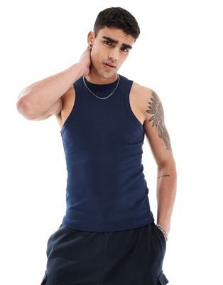 ASOS DESIGN muscle fit ribbed racer neck tank top in navy ASOS DESIGN