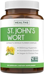 St. John's Wort - 60 Capsules (Non-GMO) Effective St Johns Wort Capsules - Powerful 900mcg Hypericin - Standardized Extract & Whole Herb Supplement - No Oil, Pills, Tea, Tincture - 500mg Per Capsule Healths Harmony