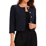 Work Office Blazer for Women's Collarless 3/4 Sleeve Lightweight Pockets Button Down Suit Blazer Allegra K