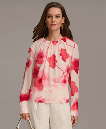 Женская блузка с цветочным принтом и гофрированной отделкой Donna Karan New York