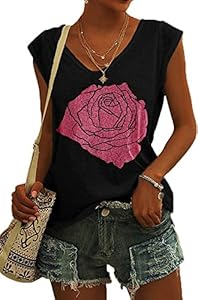 Fazortev Womens Cap Sleeve Blouses Rose Graphic Tees T-Shirt Casual V Neck Tank Tops Loose Fit Summer Basic Shirts Fazortev