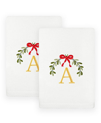 Christmas Mistletoe Monogram White Embroidered Luxury Turkish Cotton Hand Towels, 2 Piece Set Linum Home