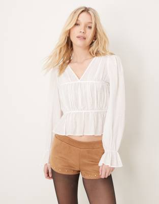 Gina Tricot shirred smocked blouse top with tie front in white Gina Tricot