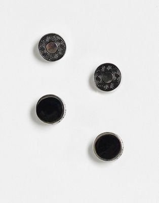 Набор из 2 круглых серег-гвоздиков ASOS DESIGN с греческой волной серебристого оттенка и черной эмалью ASOS DESIGN