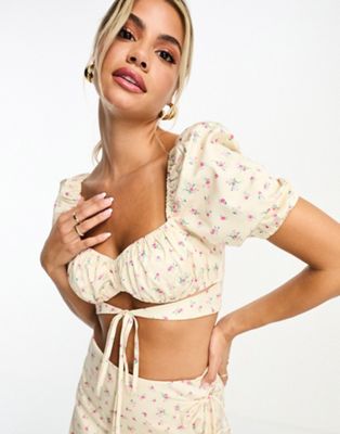 Укороченный топ Milkmaid с объемными рукавами и ремешками Frolic в винтажном цветочном стиле — часть комплекта The Frolic