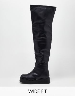 Public Desire Exclusive Wide Fit  Rosie flat over the knee boots in black Public Desire Wide Fit