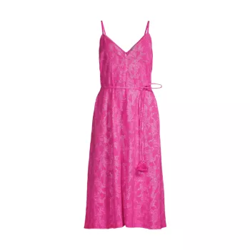 Shimmer Floral Tie-Waist Jacquard Slipdress MILLY