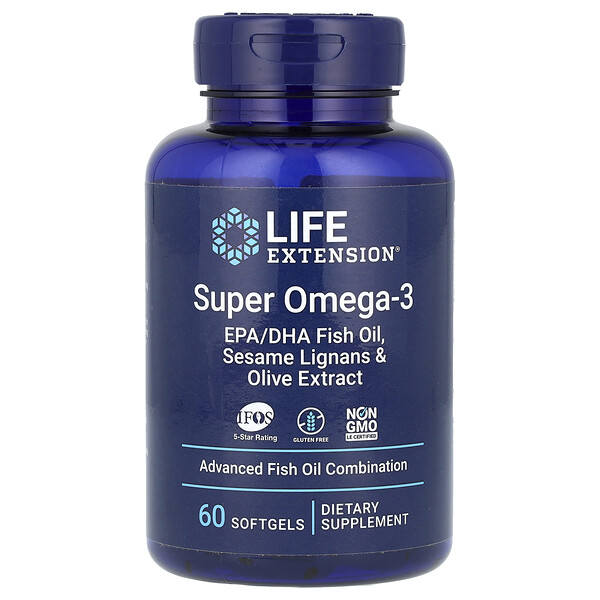 Super Omega-3, EPA/DHA Рыбий Жир, Семена Кунжута и Оливковый Экстракт - 60 капсул - Life Extension Life Extension
