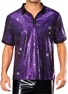 Lars Amadeus Sequin Polo for Men's Shiny Short Sleeved Party Disco Metallic Polo Shirts Lars Amadeus