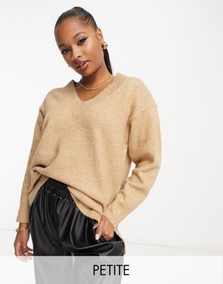 New Look Petite v neck sweater in camel New Look Petite