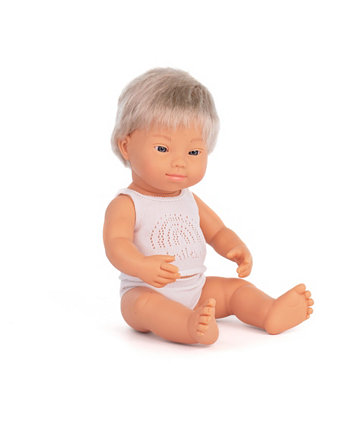 Мальчик 15 дюймов, белокурая кукла с синдромом Дауна Miniland
