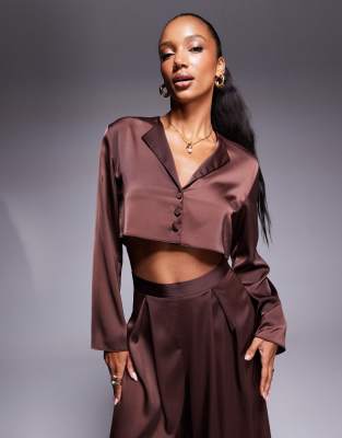 ASOS DESIGN cropped satin shirt in brown - part of a set ASOS DESIGN