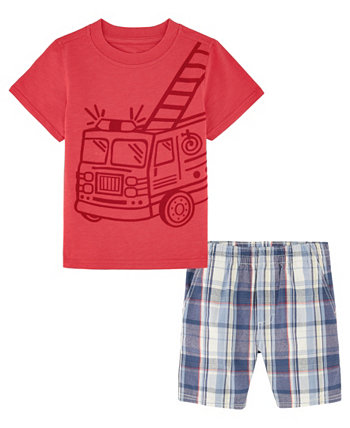 Baby Boys Firetruck Short Sleeve T-shirt and Pre-washed Plaid Shorts, 2 piece set Kids Headquarters